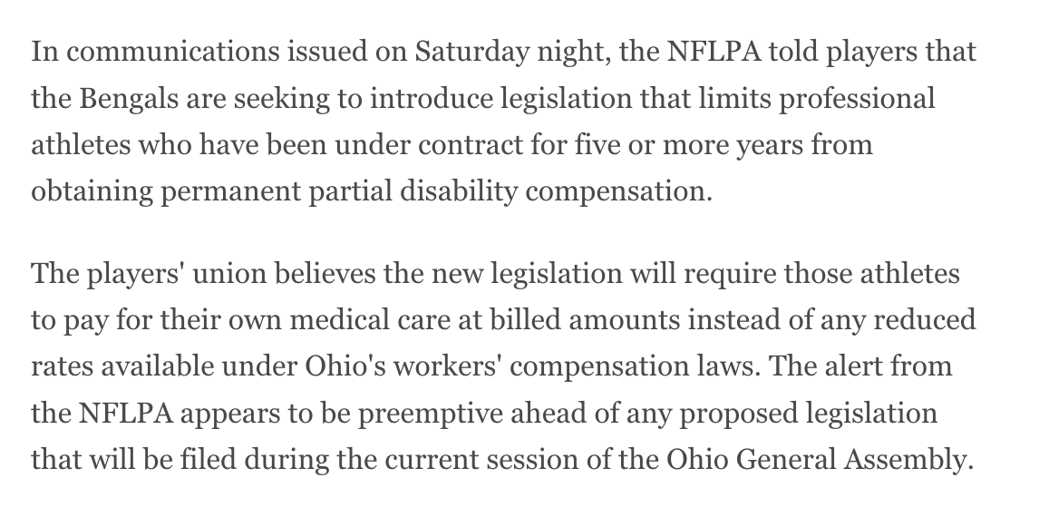 minakimes's tweet image. This is alarming: According to the NFLPA, the Bengals are trying to change workers comp laws in Ohio in order to lower their disability claims. 

As our @Ben_Baby reports here, the team has not yet replied to request for comment. es.pn/3yvLyqn