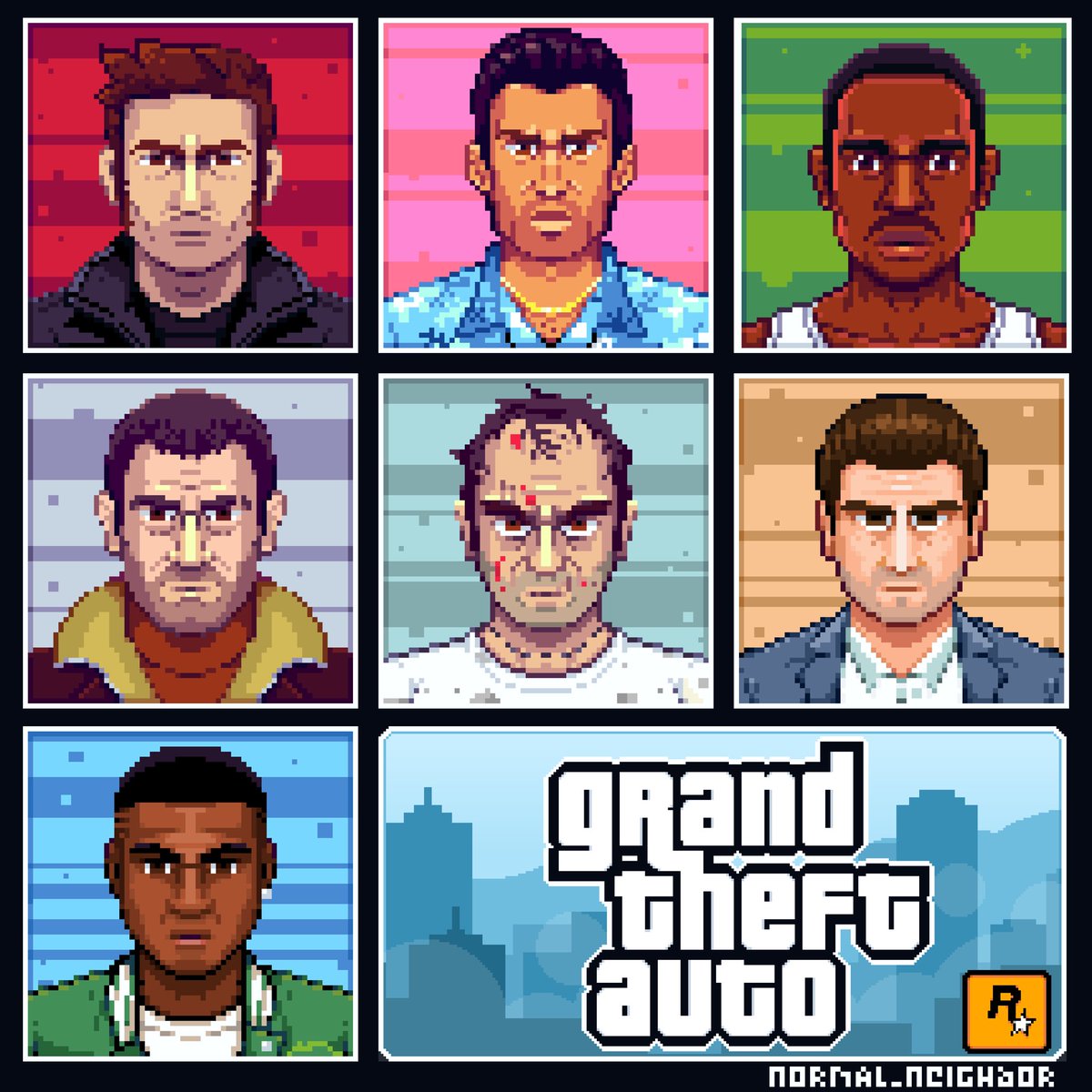 PixelNeighbor's tweet photo. #GTA Protagonists @RockstarGames  #pixelart #GrandTheftAutoOnline #GTAOnline #GrandTheftAutoV https://t.co/Vjy7Y89wae