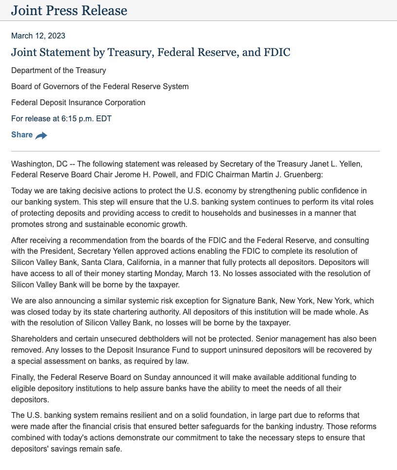 - Depositors fully protected
- Shareholders &amp; certain unsecured debtholders not protected
- Snr mgmt removed
- No losses will be borne by taxpayer
#SVB #SVBCollapse