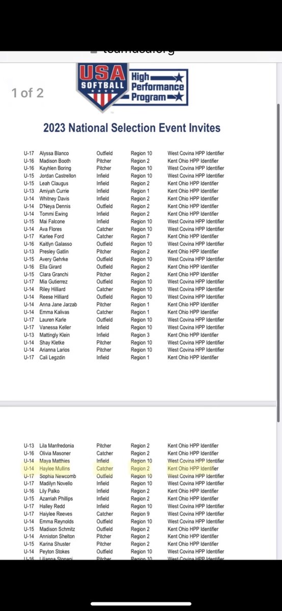 Thankful & humbled to make the Region 2 team and to be selected by @USASoftball to the 23’ HPP National Selection Event this fall in Vero Beach, FL!!! @ondecksoftball @d1fastpitch1 @ExtraInningSB @D3SoftballNews @chrisbateman55 @MaxPreps @rittmanjohn @CoastalSoftball @SBRRetweets