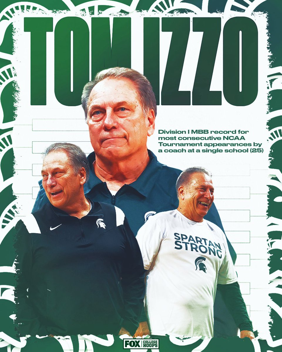 CBBonFOX's tweet photo. Tom Izzo 🤝 March

The @MSU_Basketball Head Coach will appear in his 25th consecutive NCAA Tournament at Michigan State, a Division I record 🔥 https://t.co/LqqscTK1gK