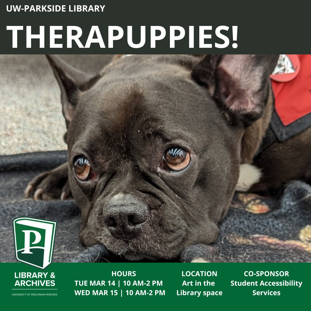 uwplibrary's tweet photo. Therapuppies are coming this week!

Tuesday, March 14th – 10:00am-2:00pm
Wednesday, March 15th – 10:00am-2:00pm

Location - Art in the Library space (by the DVDs on the L1 level)

Co-sponsor – Student Accessibility Services

#dogsarethebest #therapydog #uwplibrary #uwparkside https://t.co/qUaVWcuFcP