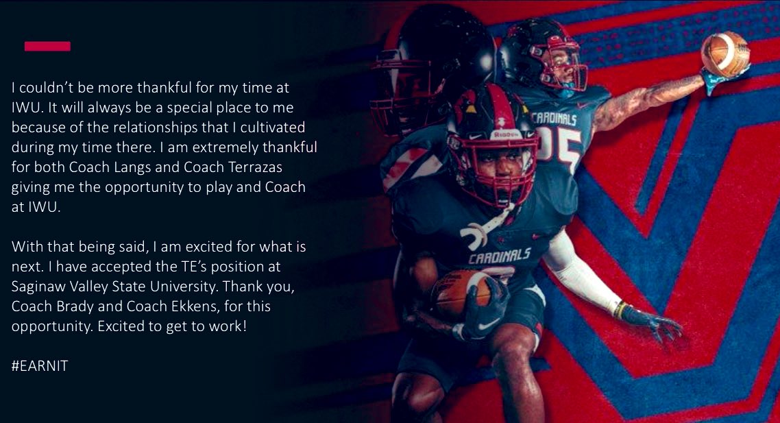 CoachRufener's tweet photo. Thankful for my time at IWU. 

Excited for what’s next! @svsu_football #EARNIT🎯 https://t.co/JvUSPqoptg