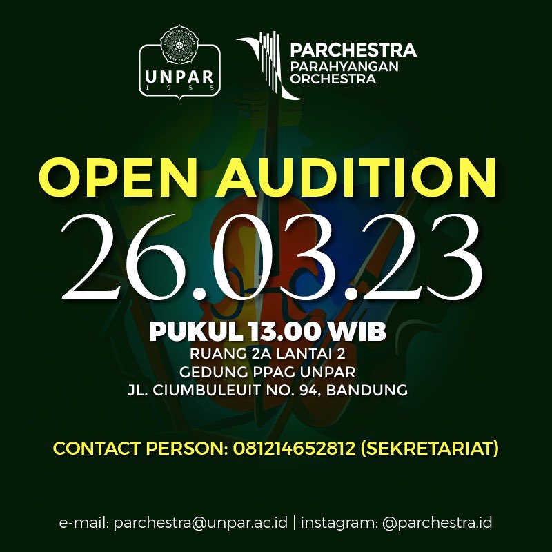 Sampurasun wargi Bandung! Parahyangan Orchestra (PARCHESTRA) mau mengajak kamu yang suka bermain musik untuk ikut bergabung bersama dengan kami!!!

(Pls bantu retweet info audisi ini yaa)