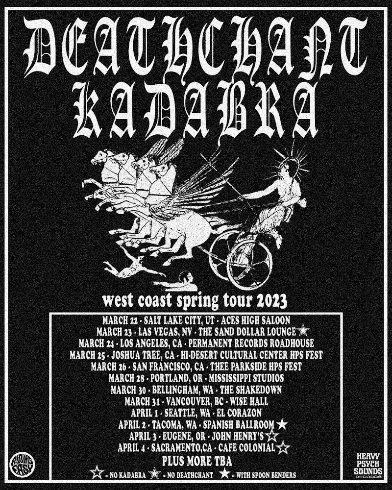 KADABRA (@kadabra_band) on Twitter photo KaDeathra Tour kicks off in 2 weeks! <a href="/HEAVYPSYCHSOUND/">HEAVY PSYCH SOUNDS</a> & <a href="/EasyRiderRecord/">RidingEasy Records</a> unite for a west coast annihilation tour. If you see your city along the Kadabra / Deathchant tour, come out and get grooved. See yuh there! KaDeathra Tour kicks off in 2 weeks! <a href="/HEAVYPSYCHSOUND/">HEAVY PSYCH SOUNDS</a> & <a href="/EasyRiderRecord/">RidingEasy Records</a> unite for a west coast annihilation tour. If you see your city along the Kadabra / Deathchant tour, come out and get grooved. See yuh there!