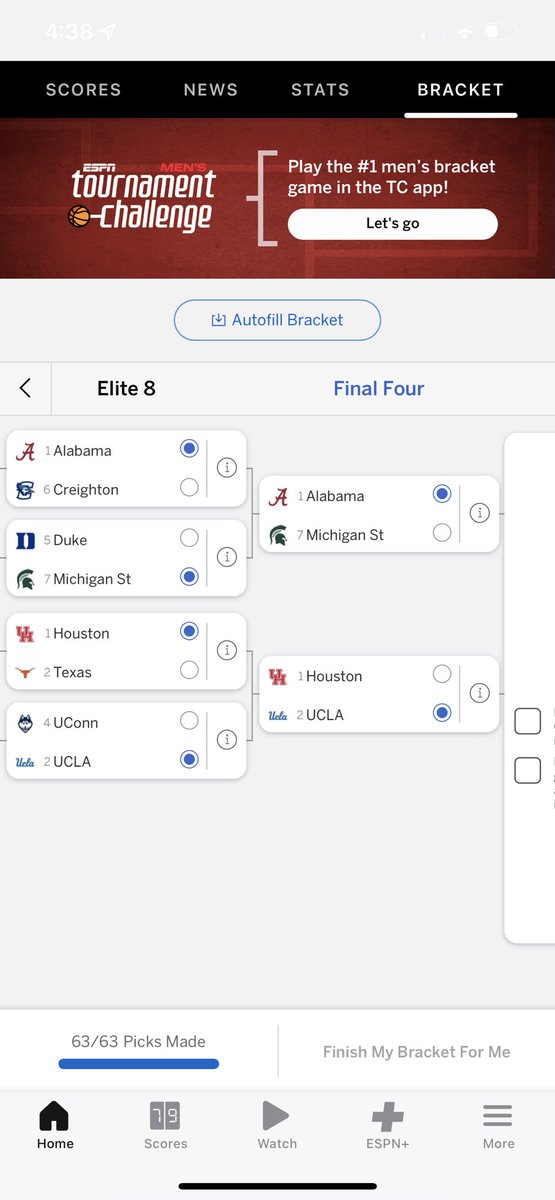 DTLcollegehoops's tweet photo. My gut/initial reaction bracket without doing any research. This is my elite 8 and final 4 with Bama winning it all. Think MSU draws well and has what it takes to make it to the final 4 https://t.co/a8Fv0qTNkl