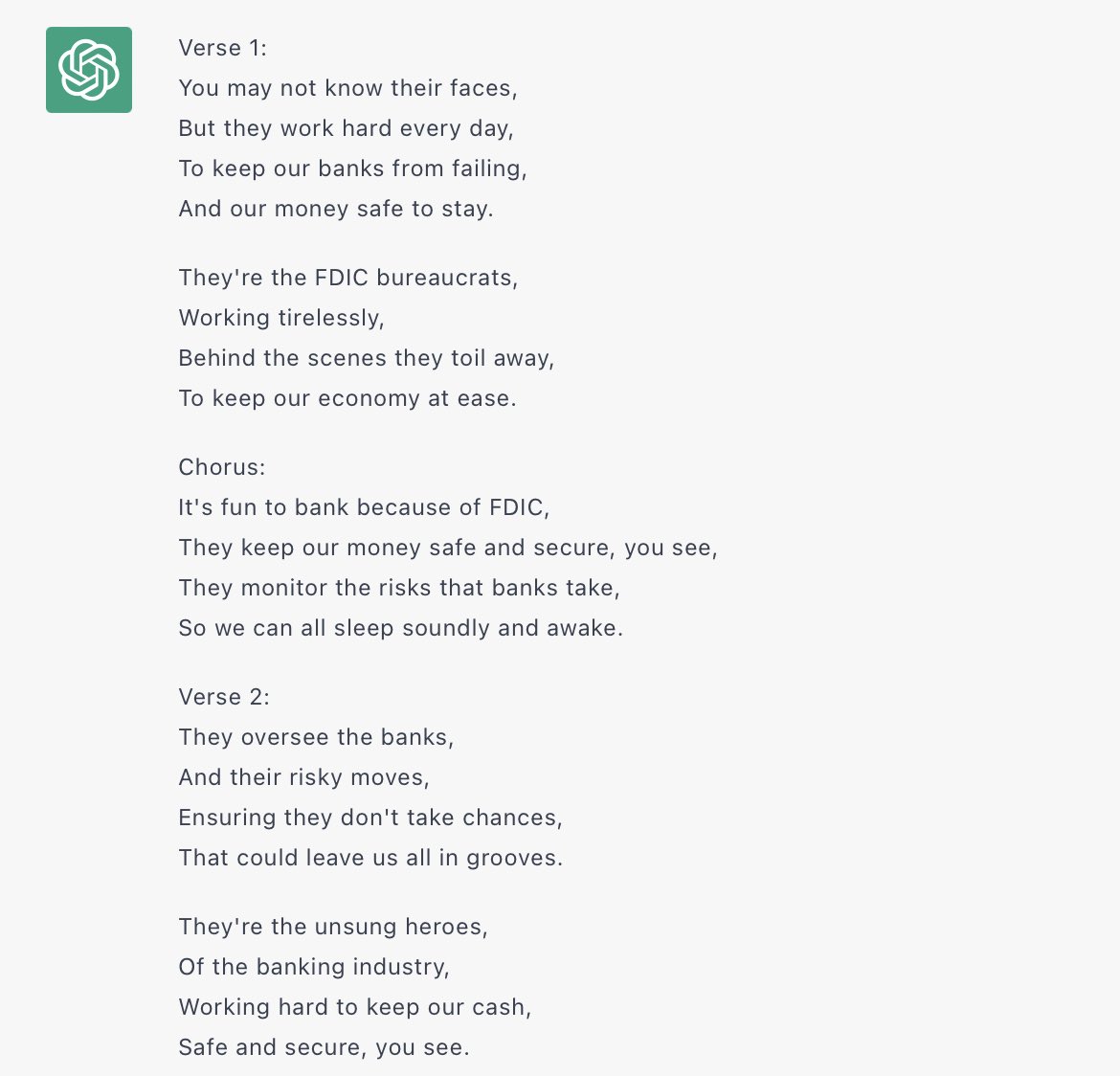 ChstGPT, write me a song to the tune of YMCA celebrating the anonymous bureaucrats at the FDIC that avoid systemic banking failures.