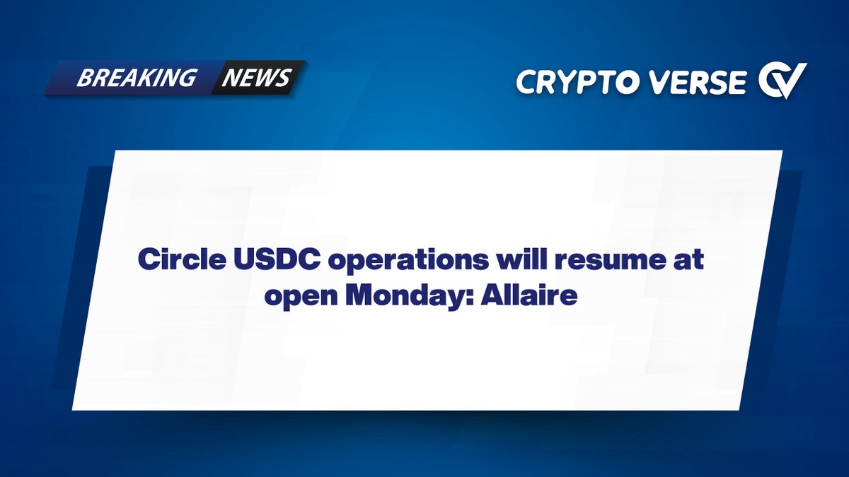 VerseCo_News's tweet photo. Circle USDC operations will resume at open Monday: Allaire

Circle USDC reserves are "safe and secure" and liquidity operations will resume at banking open tomorrow, CEO Jeremy Allaire said on Twitter. https://t.co/JFLkAPbDO8