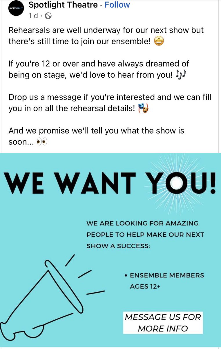 Spotlight Theatre, based in Rogerstone, are  seeking new members, aged 12 and upwards, to take part in the ensemble in their forthcoming show (to be announced soon!). More info available on their Facebook page. #theatre #musicaltheatre #newport #rogerstone