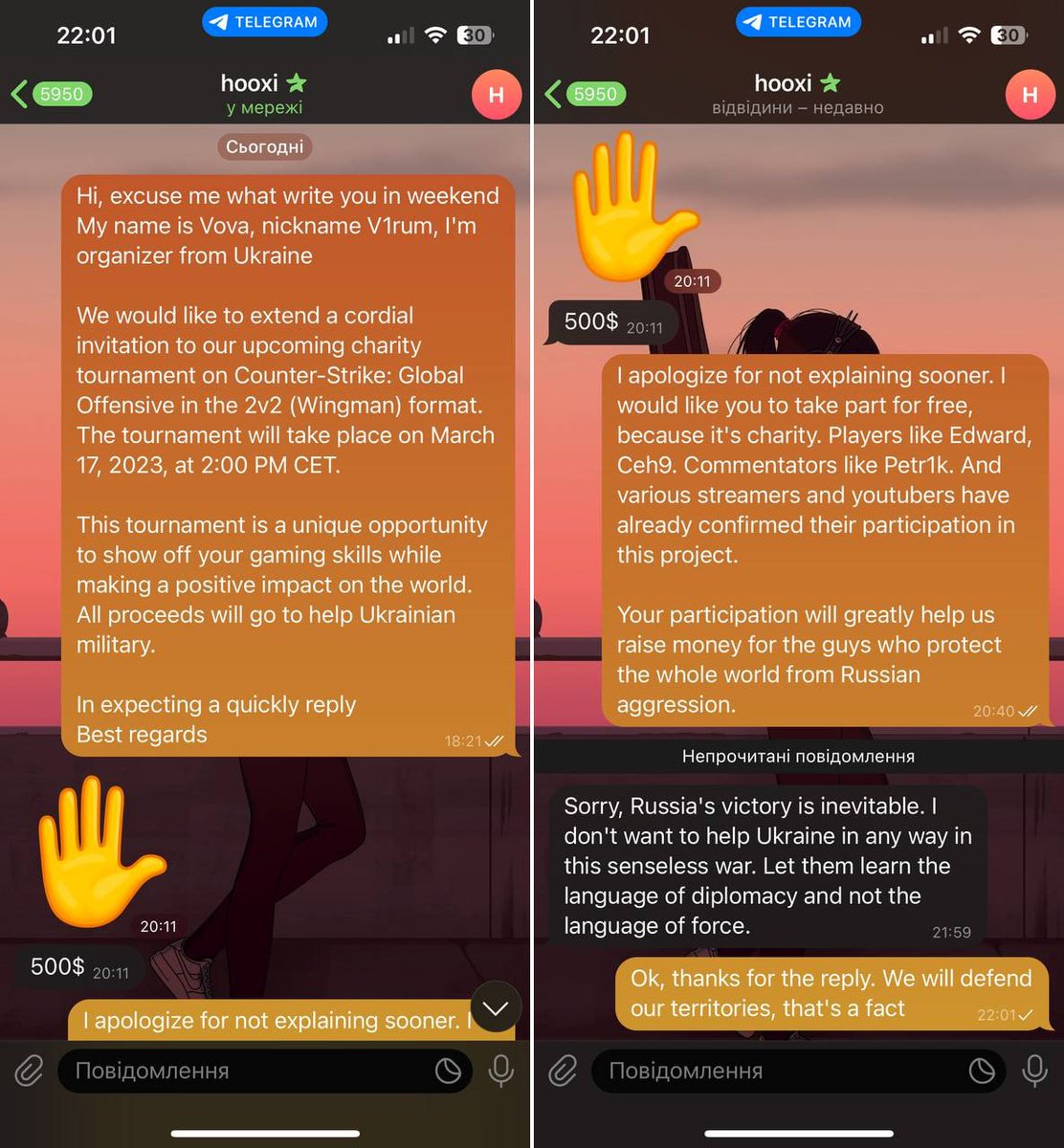 visp1s's tweet photo. HooXi from 🇪🇺 G2, who was previously photographed with a Russian flag, wanted to play in a charity tournament for $500, and after the organizer explained that the tournament was charity, the captain said that he "won't help Ukraine, Russia will win this war"
#g2 #CSGO #Ukraine https://t.co/TOyiPvzzUO