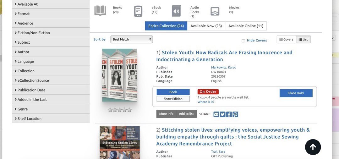 One way to de-woke your library is to request non-woke books. People around the country are requesting Stolen Youth, and a number have copies on order already. One system has six copies ordered!