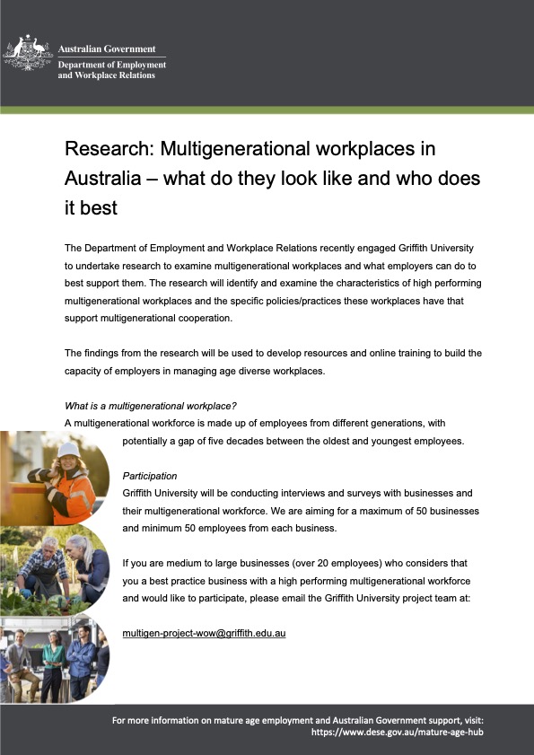 Adv Brd member & @Griffith_Uni  A/Prof Katrina Radford is looking for companies and people assist her with her research. email:multigen-project-wow@griffith.edu.au to find out more.
#multigenerational #multigenerationalworkforce #AIIP #griffithwow #griffithuni
#research  #DEWR
