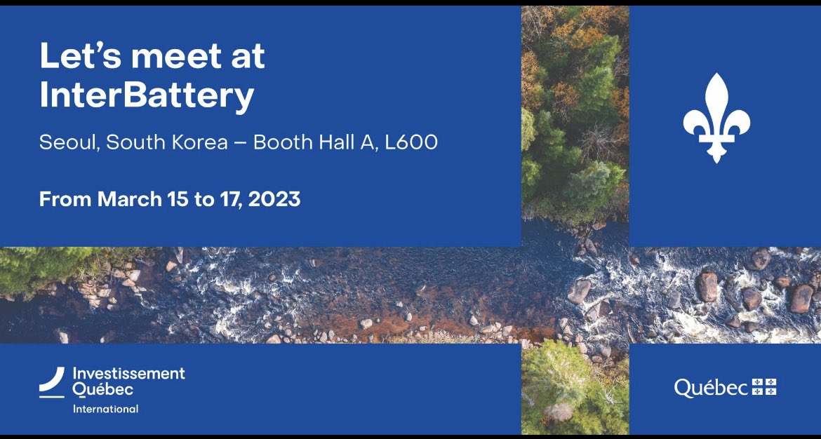 The <a href="/InvestQuebec/">InvestissementQuébec</a> team is heading to <a href="/inter_battery/">InterBattery</a> in #Seoul. We look forward to introducing you to some of #Quebec’s top #battery companies and presenting #investment opportunities in #NorthAmerica’s #greenest battery market! #FDI #Trade #Export #Talent #EV #Innovation #invest
