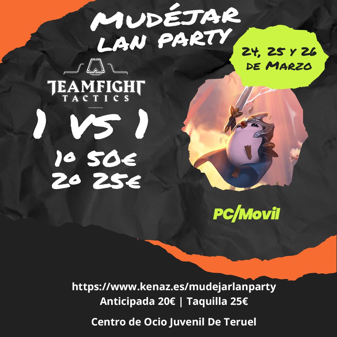 ¡Para los amantes de la estrategia!

🏆#team fight tactics
🆚1vs1
🥇50€
🥈25€

Inscripciones en:
kenaz.es/mudejarlanpart…

#teamfighttactics #tft #gamer #torneo