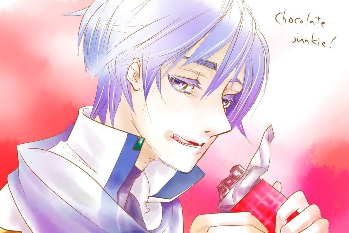 kaito (vocaloid) 1boy male focus solo blue hair chocolate bar food scarf  illustration images