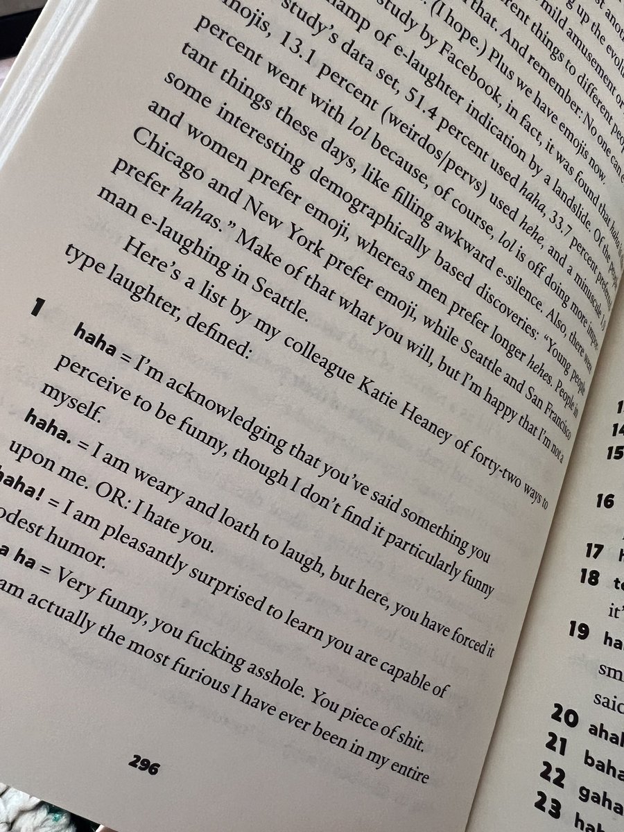 Reading <a href="/em_dash3/">Emmy Jo Favilla</a>’s World Without Whom and I start lol’ing IRL at the list of ways to type laughter, and then Hubs asks ‘What’s so funny’ and now I’m basically in hysterics. Full-on cackling… 😂