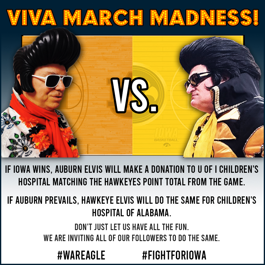 AuburnElvis's tweet photo. Rather than buy a ticket &amp; give my money to StubHub, I'm betting it for a good cause.
@HawkeyeElvis have a friendly wager we invite you to join us in: The loser donates the winner's score to the children's' hospital in that area. #WarEagle #FightforIowa https://t.co/ipVovrj8v8