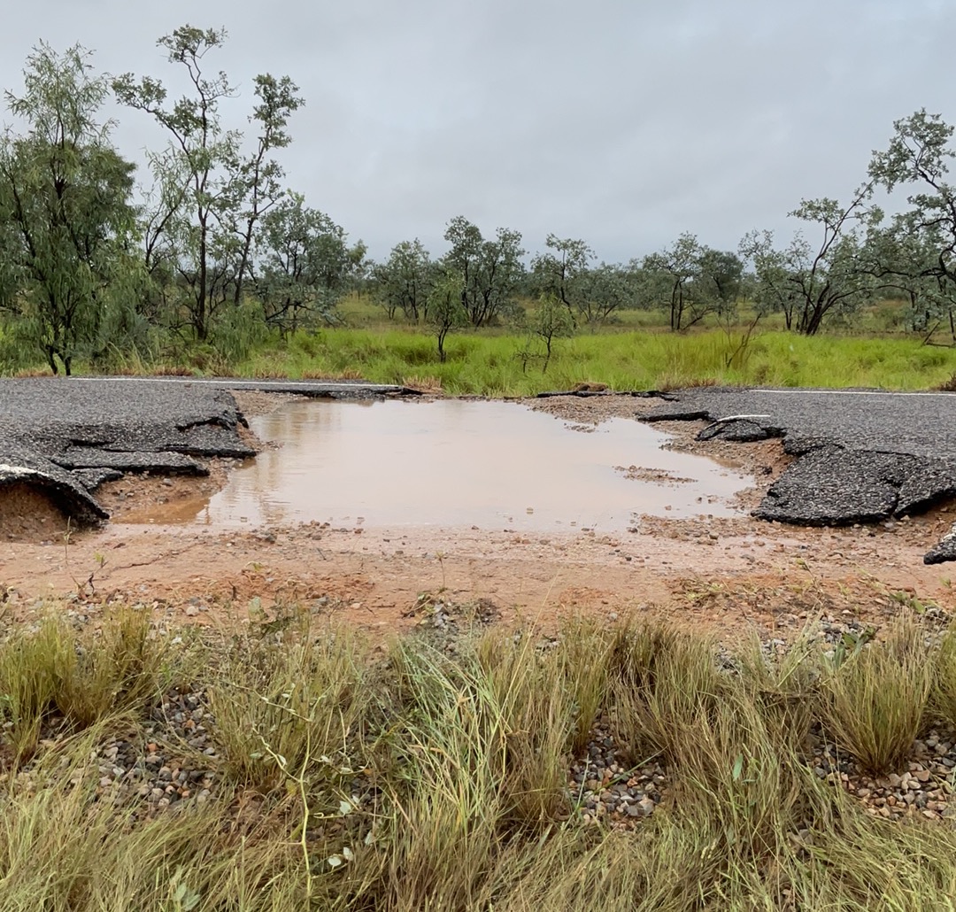 TMRQld's tweet photo. 🛑 The Barkly Highway is closed between Mount Isa to Camooweal 🛑

Floodwaters have receded, revealing a stretch of significant pavement damage between Camooweal and the Nowraine River Bridge east of Camooweal. https://t.co/M5QphnVkBa