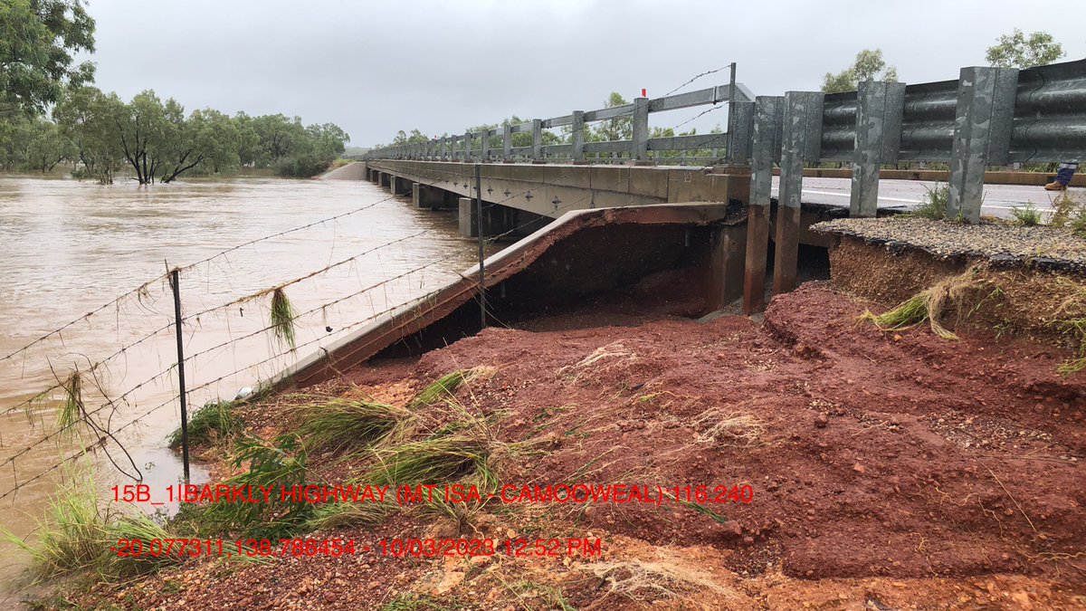 TMRQld's tweet photo. 🛑 The Barkly Highway is closed between Mount Isa to Camooweal 🛑

Floodwaters have receded, revealing a stretch of significant pavement damage between Camooweal and the Nowraine River Bridge east of Camooweal. https://t.co/M5QphnVkBa