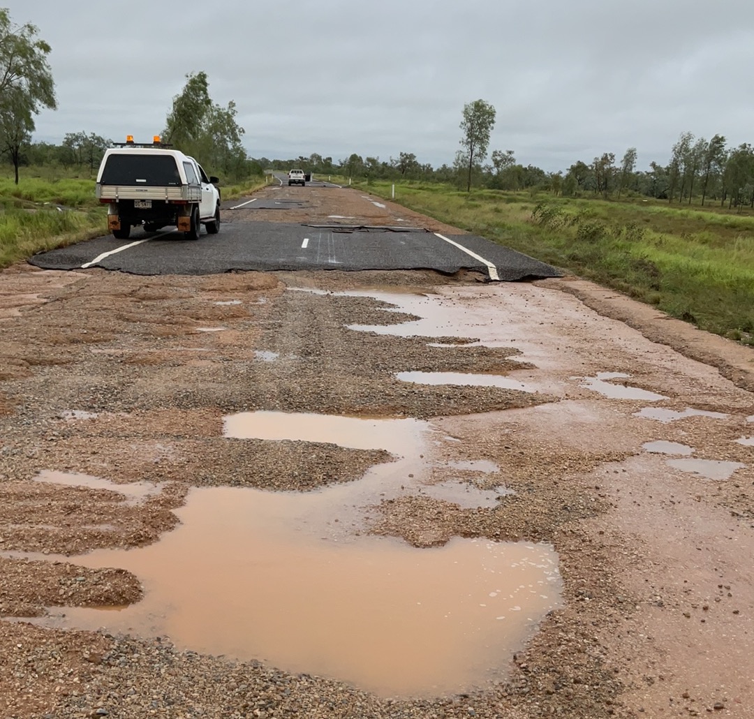 TMRQld's tweet photo. 🛑 The Barkly Highway is closed between Mount Isa to Camooweal 🛑

Floodwaters have receded, revealing a stretch of significant pavement damage between Camooweal and the Nowraine River Bridge east of Camooweal. https://t.co/M5QphnVkBa