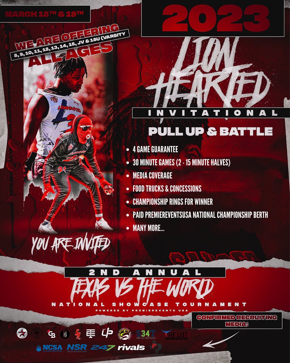 PULL UP &amp; BATTLE🔥🔥🔥

YOU ARE INVITED‼️‼️‼️

2nd Annual LionHearted Invitational powered by <a href="/PremierEventsU2/">PremierEventsUSA</a> 

REGISTRATION NOW OPEN🚨🚨🚨

Click Here for Registration on Zorts ⬇️⬇️⬇️

zortssports.com/tournament/app…

#ProtectThePride