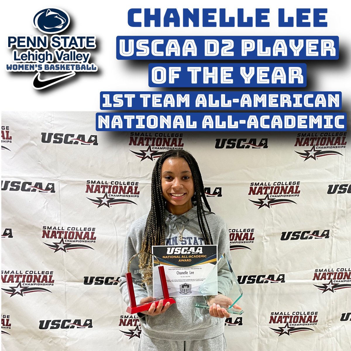 Congrats to <a href="/PSULehighValley/">PSU Lehigh Valley</a> Women’s Basketball 🏀 Player, Chanelle Lee, for being named 2023 <a href="/USCAA/">USCAA</a> D2 Player of the Year (only the 2nd in School History), 1st Team All-American &amp; National Academic