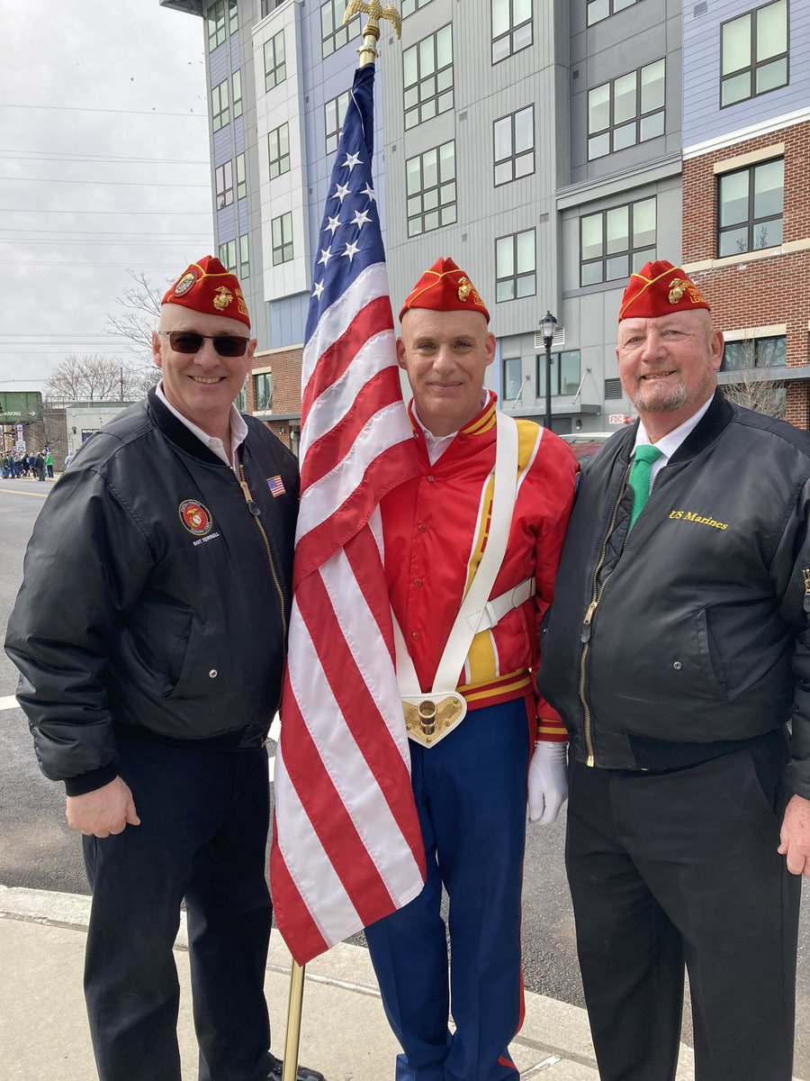 WHSTerrell's tweet photo. A beautiful day for marching in the Woodbridge Township St. Patrick’s parade w/Marine veterans, our WHS Marching Band AND our WHS Spring Musical - ‘Matilda!’ Come see our Show, March 23-26th! OohRah! #WeAreBarrons #USMCvets @whsspringmusic1 @whsnjspringmusical https://t.co/fEw32jhM76