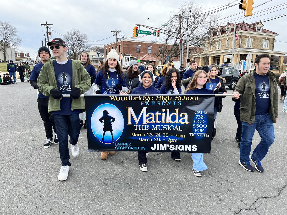 WHSTerrell's tweet photo. A beautiful day for marching in the Woodbridge Township St. Patrick’s parade w/Marine veterans, our WHS Marching Band AND our WHS Spring Musical - ‘Matilda!’ Come see our Show, March 23-26th! OohRah! #WeAreBarrons #USMCvets @whsspringmusic1 @whsnjspringmusical https://t.co/fEw32jhM76