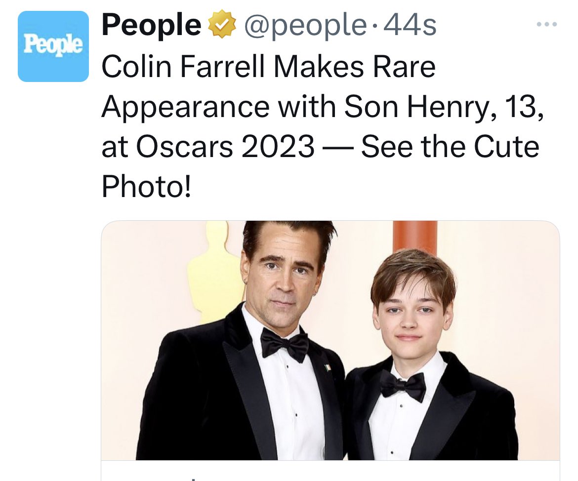 Me encanta que Colin Farrell vaya a los Oscars con su hijo! El momento más importante de su carrera! Una vez me lo cruce en un hotel y además es súper cordial y amable! #oscars