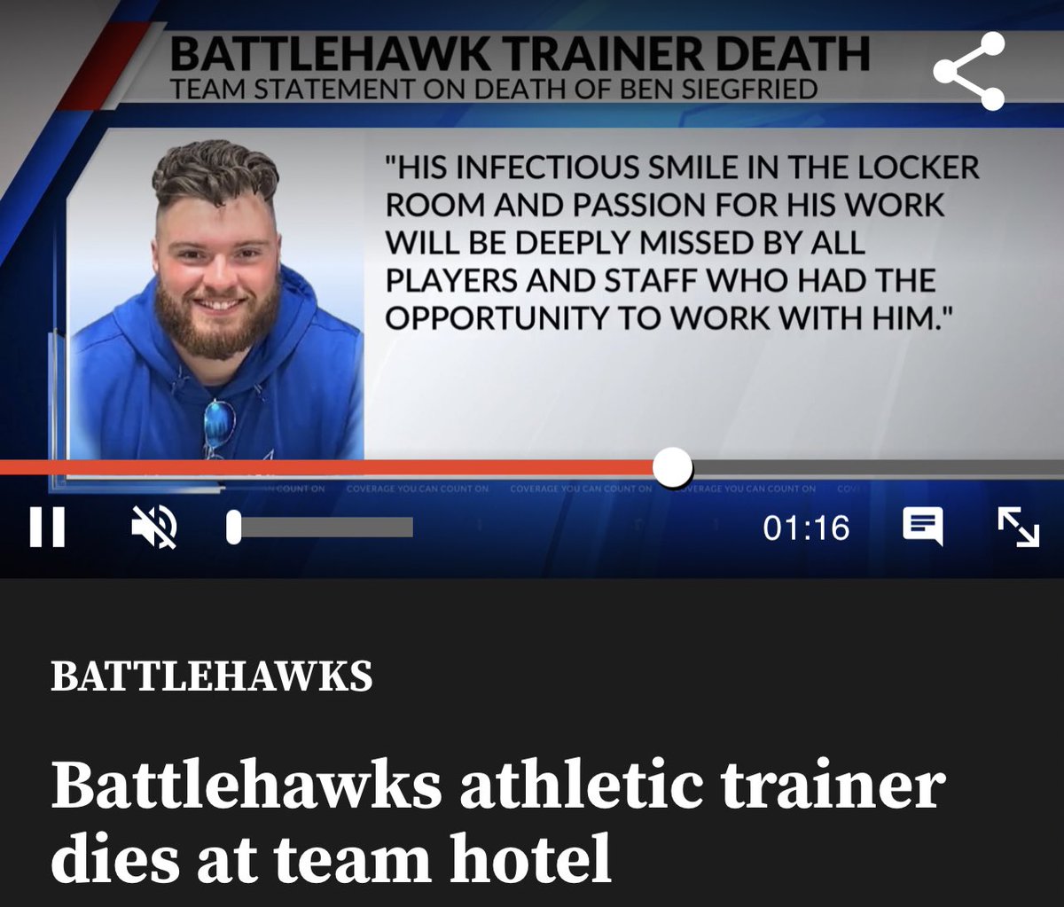 DiedSuddenly_'s tweet photo. NEW: A member of the Battlehawks training staff #diedsuddenly last night at the team hotel. 

Ben Siegfried was in his early 20s when he passed away. A cause of death has not yet been released. https://t.co/KRUUjnwn81