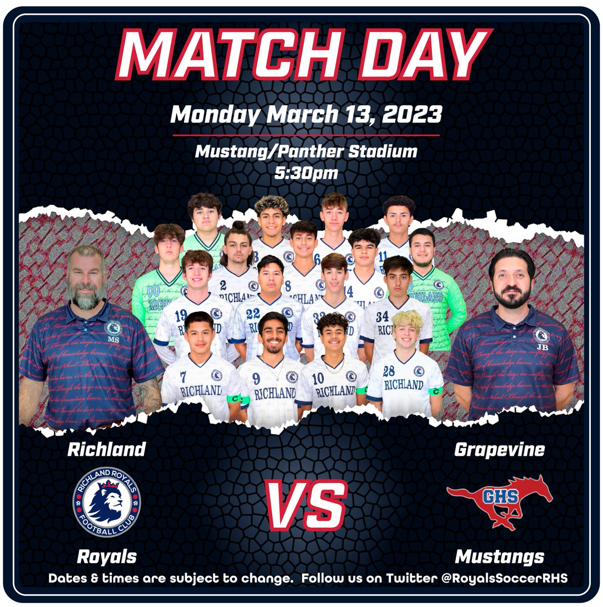 RoyalsSoccerRHS's tweet photo. 🚨Match Day 14🚨
It's the final match of the season and your #Royals are on the road against @GHS_MensSoccer. Come out, be loud & cheer on your #RoyalsFC!!! #WeAreRoyals #AllOrNothing #txhssoc @Richlandhigh @BirdvilleISD @Gosset41 @tascosoccer @LethalSoccer @RHSGirlSoccer16 https://t.co/poPXn1V7Hp