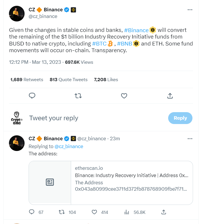 omg_confession's tweet photo. $1 Billion Industry Recovery Initiative funds from BUSD to native crypto.  Of which converting into: 

#BTC, #BNB and #ETH! 🚀
#BNB To the Moon! 🌕 Next stop $1000 usd! 

#CZ #Binance #crypto #pump $BTC $ETH $BNB https://t.co/IlNfFPpXWr