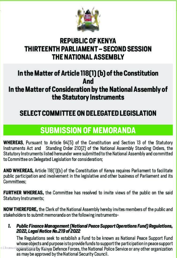 MzalendoWatch's tweet photo. The @NAssemblyKE Select Committee on Delegated Legislation invites members of the public and stakeholders to submit memoranda on the following Statutory Instruments.
#PublicParticipationKE. https://t.co/uX9CEtYgkH