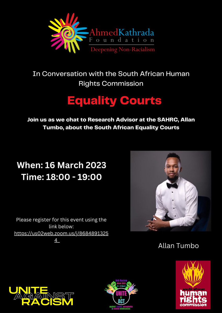 In conversation with the <a href="/SAHRCommission/">SAHRCommission</a>  about the South African Equality Courts.

Event details:
Date: 16 March 2023
Time: 18:00-19:00pm 
Zoom Link: bit.ly/3LimiLJ