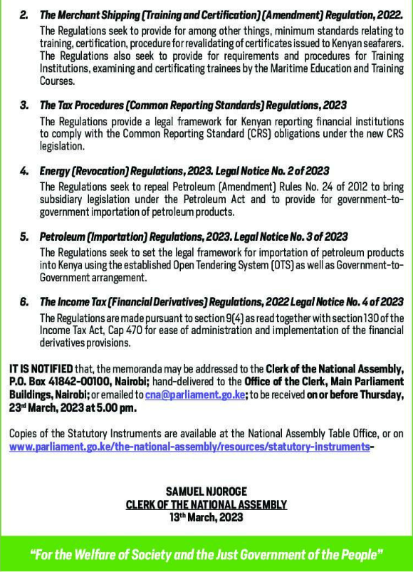 MzalendoWatch's tweet photo. The @NAssemblyKE Select Committee on Delegated Legislation invites members of the public and stakeholders to submit memoranda on the following Statutory Instruments.
#PublicParticipationKE. https://t.co/uX9CEtYgkH