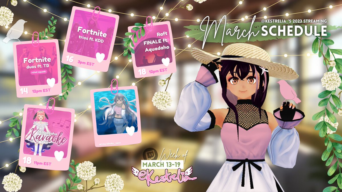 Kestrelia_'s tweet photo. WEEKLY SCHEDULE
MARCH 13-19, 2023

【TAGS】
🐦 General #kestrelia
🐦 Live #kesLIVE 
🐦 Art #kesART 
🐦 Memes #kesMEME 

Pewpews, pewpews, and shark 😎 Hope you can make it for the splendor of Fortnite and Raft with birdy this week~

RTs appreciated 💖 https://t.co/I7WIS86vpi