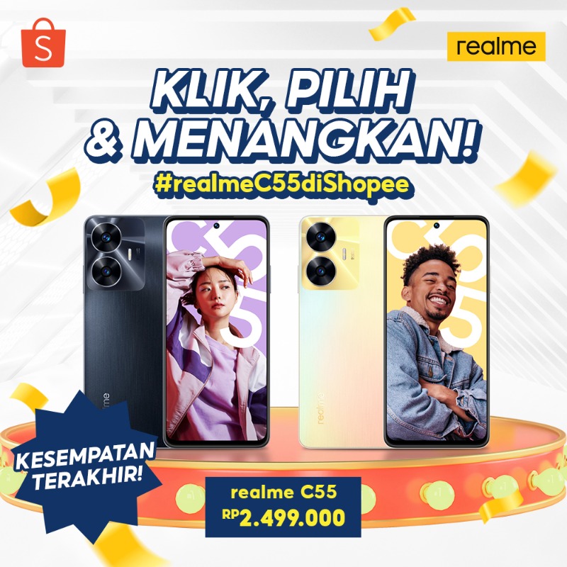 ShopeeID's tweet photo. ✨GIVEAWAY realme C55 ✨

Kesempatan terakhir buat menangin realme C55 senilai 2,5 JUTA nih! 

Caranya:
- FOLLOW @ShopeeID
- RT &amp; LIKE tweet ini
- KLIK banner di bawah
- REPLY pilihan warna realme C55 yang kamu mau pakai #realmeC55diShopee

Good luck! 🧡