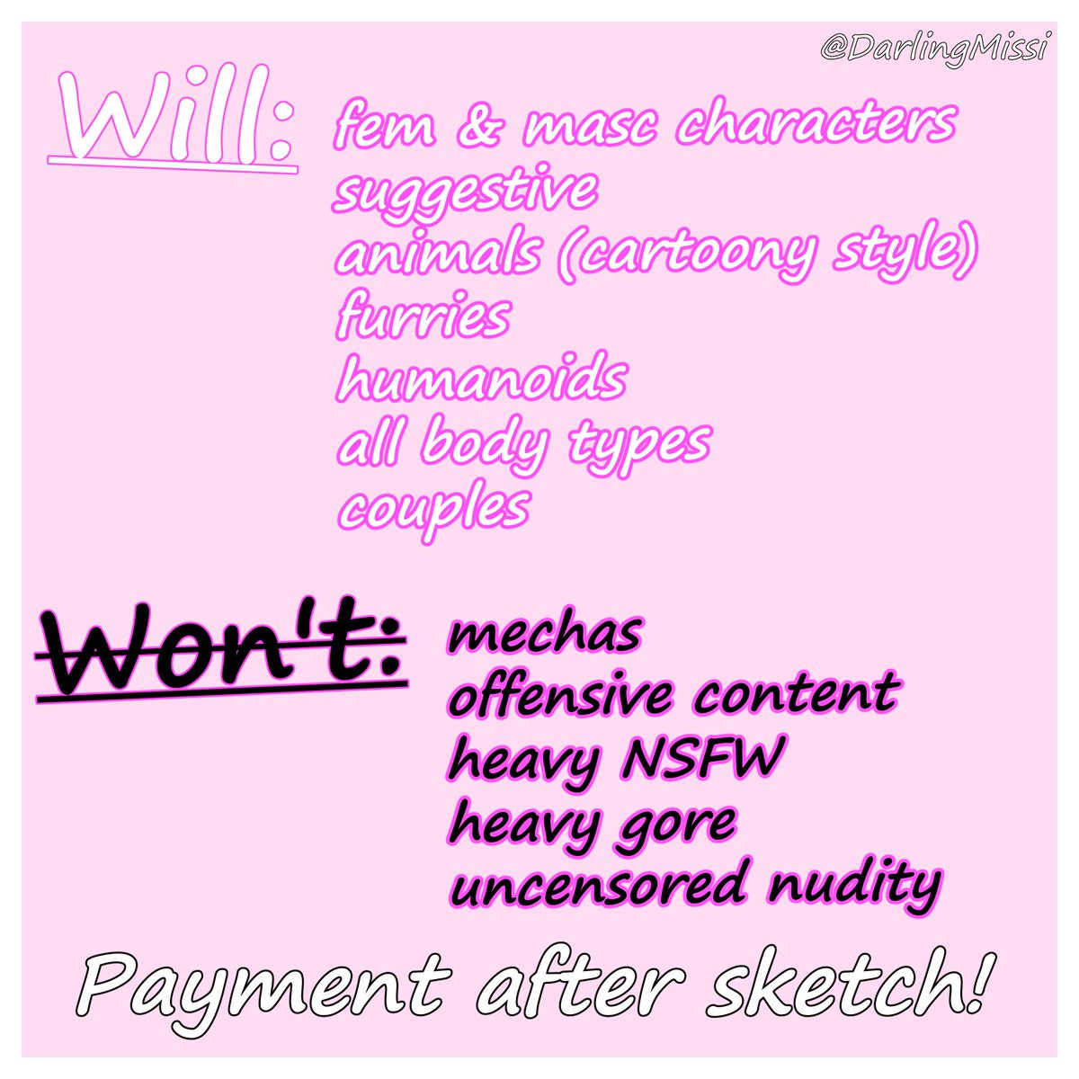 DarlingMissi's tweet photo. Opening $15 USD commission slots (0/3) for waist-up drawings of female &amp; male characters. Payment comes after I send the sketch. (No current examples of male characters.) Please DM me if interested, payment made with Cash App. #ArtCommission #commissionsopen https://t.co/jTNQCFDFQd