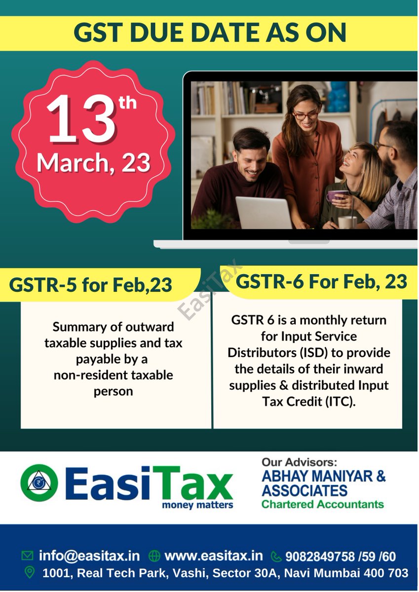 GST Due Date(GSTR-5,GSTR-6) as on 13th March 2023
#GSTR5
#GSTR6
#gstr_filling_process
#13thMarch2023
#goodsandservicetax
#gstrfilling
#taxconsultant
#taxfillingservices
#taxconsultation
#taxplanning
#taxrefund
#GST
#taxpayers
#taxpayersmoney
#incometaxseason
#EasiTax