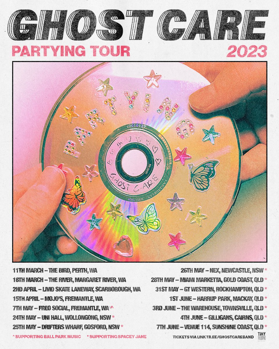 Howdy Folks!

Let's make our first Twitter post one to be proud of! 

To celebrate our new single 'Partying' we are heading out on tour around parts of Australia. 

Along the way, we'll be supporting <a href="/ballparkmusic/">Ball Park Music</a> and <a href="/spacey_jane/">SpaceyJaneMary</a> 

See you soon, Ghosties x