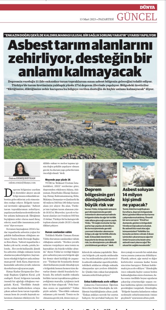 Türkiye ulusal bir sağlık sorunu ile karşı karşıya. Depremde yıkılan binaların asbest yoğun enkazı tarım topraklarına atılırsa!? besin zinciri ile tüm ülkeyi zehirleyecek.Acil önlem çağrılarını haberleştirdim👇🏻  #asbest #tarım @TCTarim @Sedat_Gundogdu1 @KenanYildiz_isg @temizatik