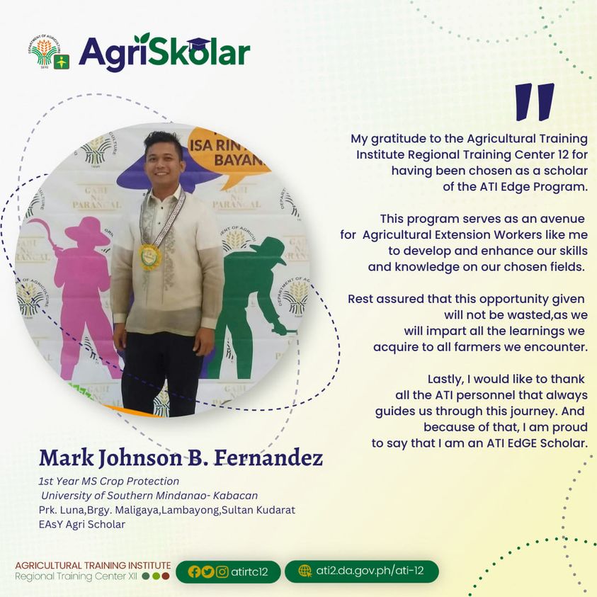 atirtc12's tweet image. #LOOK Mark Johnson B. Fernandez, an AEW from Lambayong, Sultan Kudarat, is one of the scholars of the EdGE Program. This program will him acquire and improve his knowledge and abilities in his specialized profession.

#ATIRehiyonDose #ishareknowledge #ATI12 #Region12