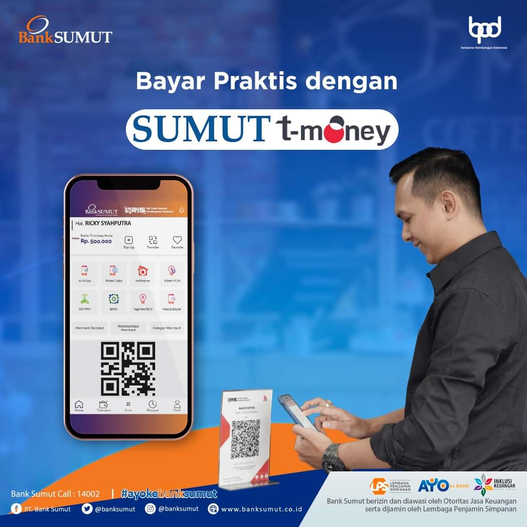 Udah gak perlu repot lagi bayar pakai uang tunai urusan bayar -bayar cukup scan QR melalui aplikasi SUMUT T-Money, maka tagihan kamu langsung terbayar semudah sentuhan jari👍

Kalau ada yang praktis, kenapa dibikin rumit.

Yuk pakai SUMUT T-Money. #ayokebanksumut
