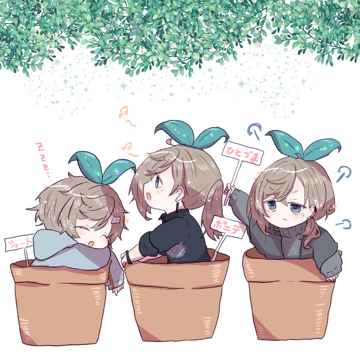 multiple girls brown hair ponytail mole 3girls mole under eye plant  illustration images