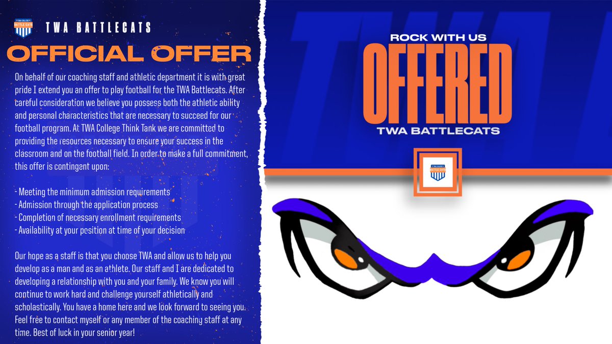 Lochoa80's tweet photo. I’m excited to announce my 4th offer from @twabattlecats. Thanks to all my coaches and teammates for all the support. All glory to god 💜 https://t.co/A3F4x6HJwd
