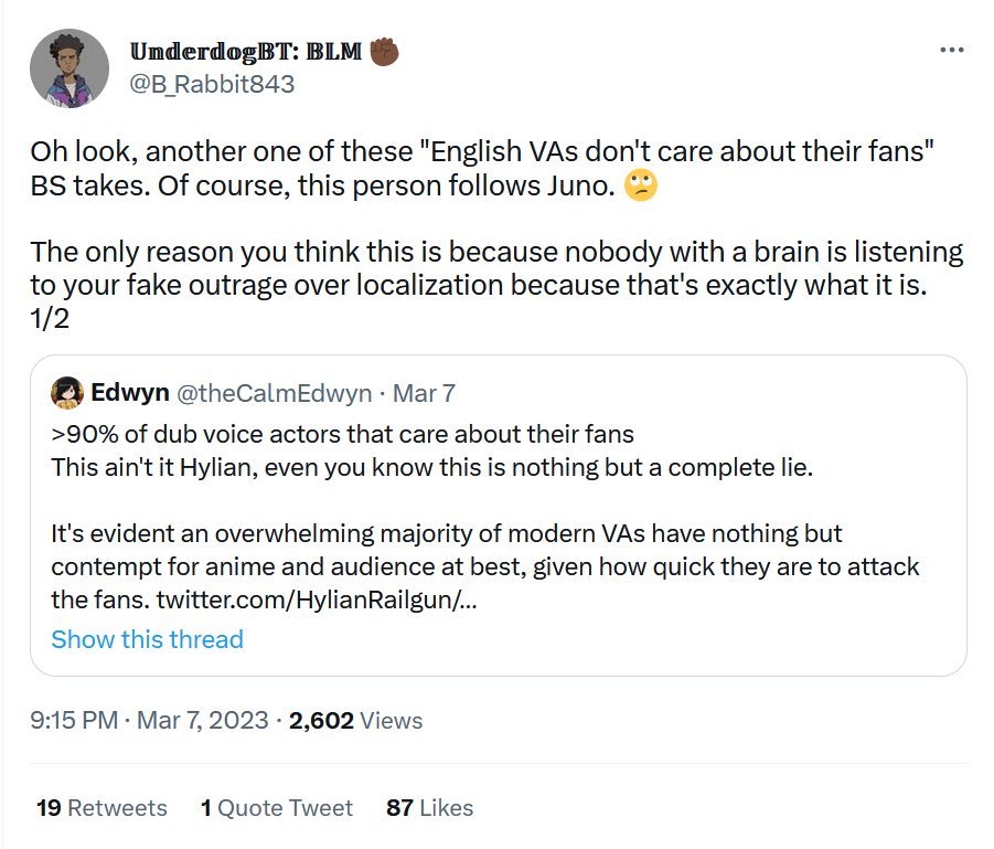 Chaoticrazor's tweet photo. "English VAs don't care about their fans is such a BS take in" yet your side says Vic doesn't care about his all the damn time.

Miss me with that bullshit fool, once again you saying shit without having dick to say. https://t.co/wEeh47vY74