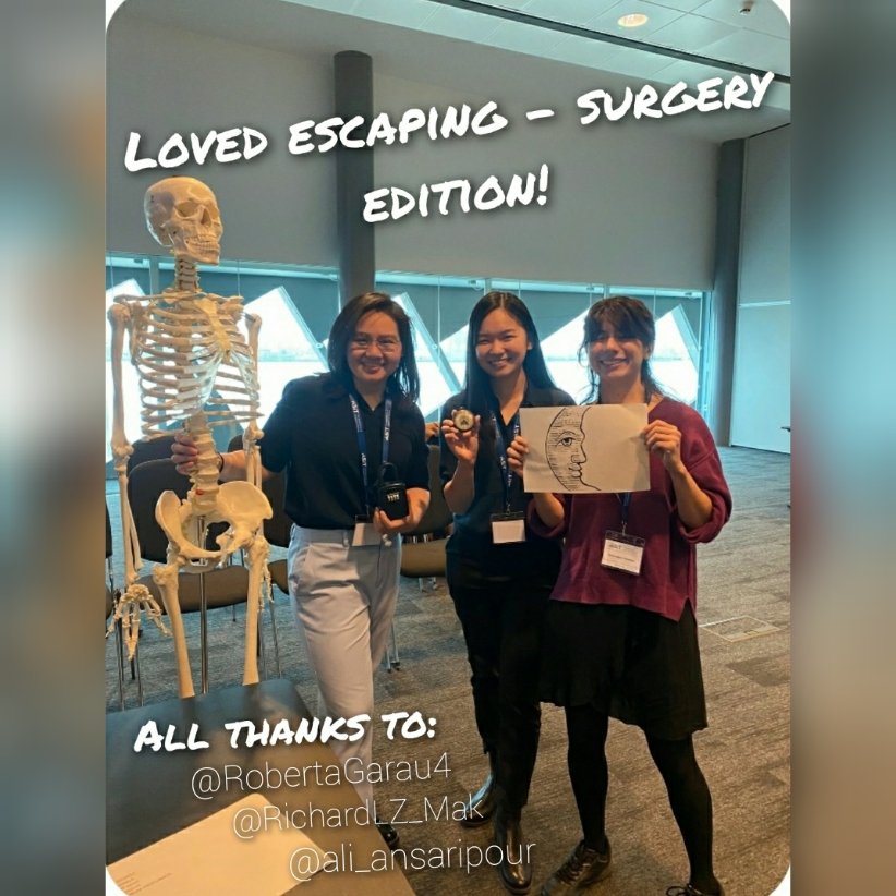 Nisafe_99's tweet photo. Also from last week, @lydiachanggg and @jenyeekuan, it was great to complete the surgical escape room with you guys at ASIT - 2023! Next year, we can do even better! Will always remember that half moon pathology that sounds like spaghetti 🍝😋 https://t.co/beKhTEjGVr