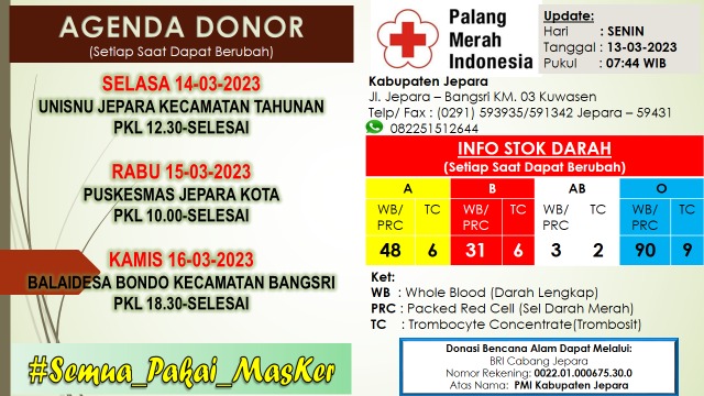 Update Stok Ketersediaan darah PMI Kabupaten Jepara
#BloodForLife #pmijepara #uddpmi #ayodonordarahsukarela #jepara #informasiseputarjepara