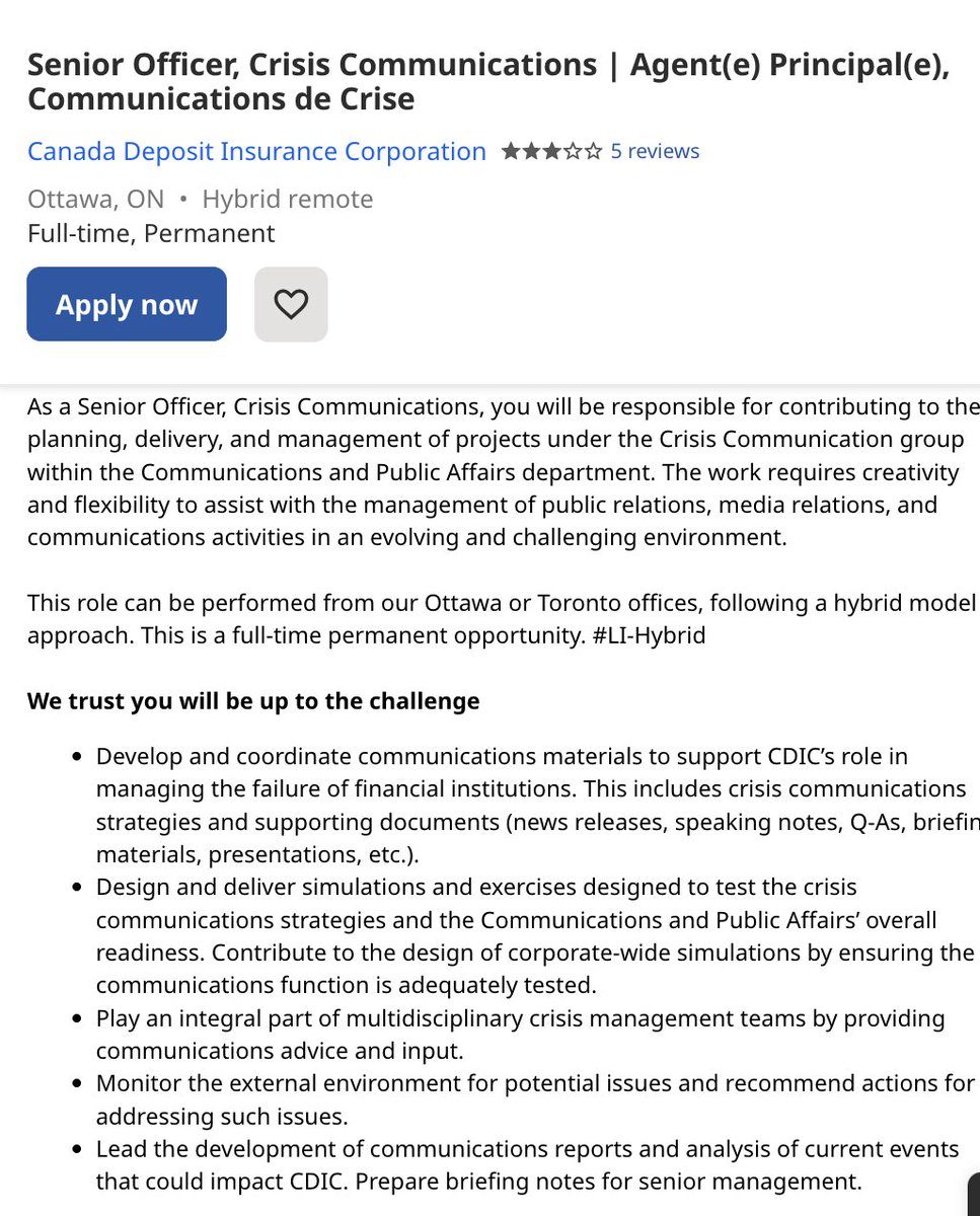 AhmarSKhan's tweet photo. CDIC just posted a job looking to hire a crisis communications officer to "support CDIC's role in managing the failure of financial institutions." https://t.co/nfwvalBfAB