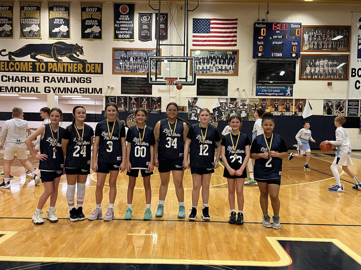 TKStonePanthers's tweet photo. Congrats to the 6th champs!  These young ladies play some great basketball!  Congrats to coach Thomas. 
(Not pictured: Ella Kate)
#pantherpride https://t.co/nDUIvVFqim